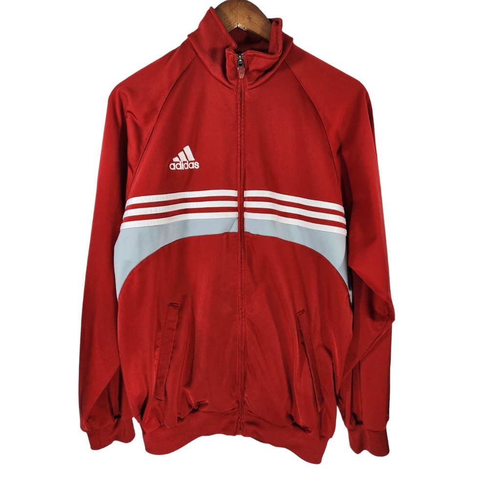 Adidas Men's Medium Track Jacket Red Grey White Full Zip Pockets Logo 3 Stripe